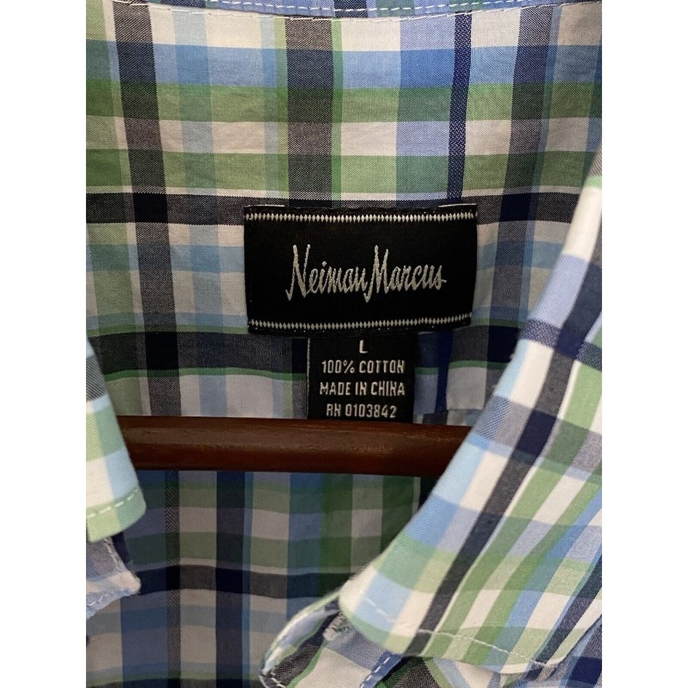 Neiman Marcus Check Plaid Blue Green White Long Sleeve Button Up Shirt Men's L - Picture 2 of 3